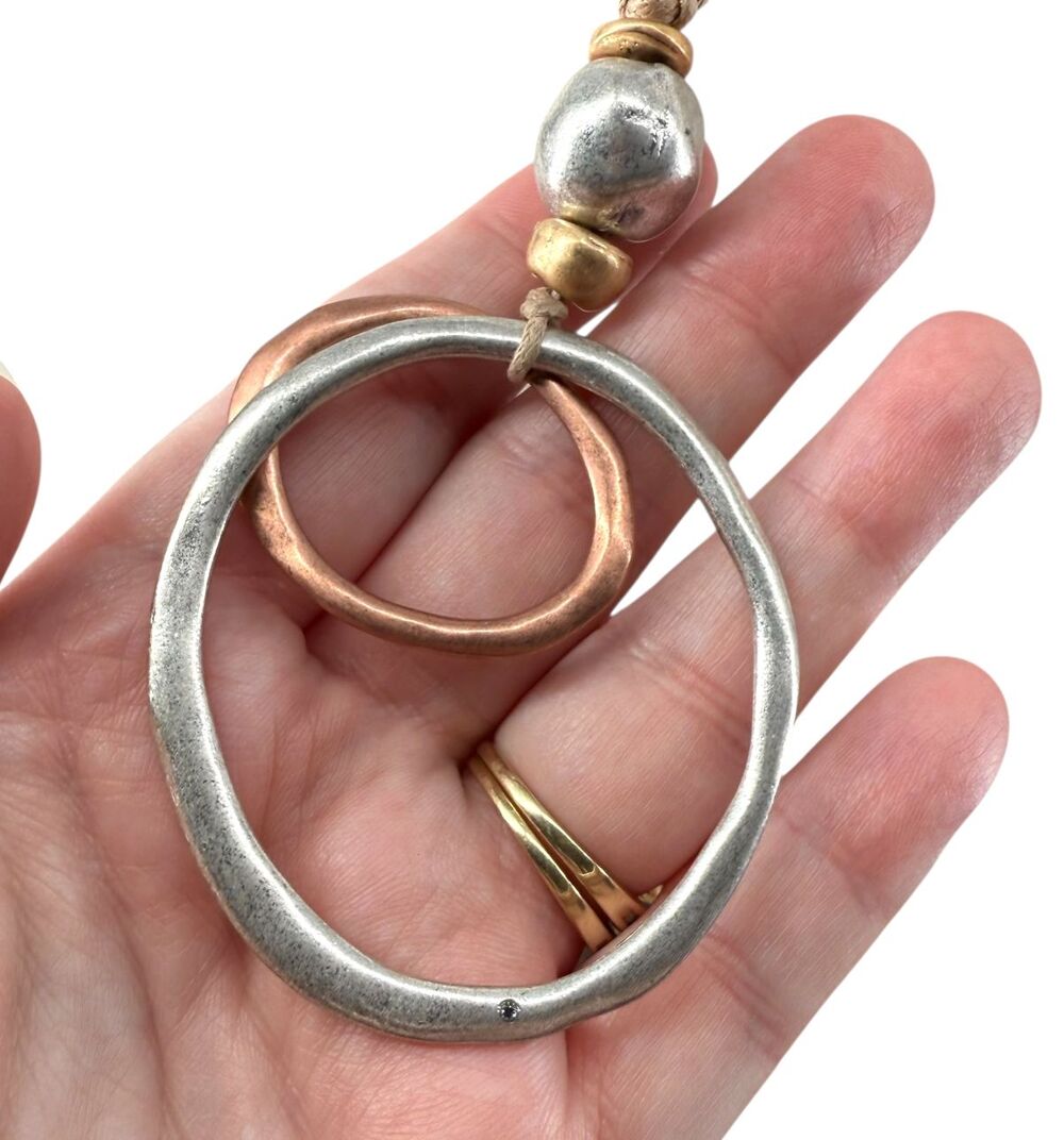 J Jill Mixed Metal Necklace Adjustable Cord Double Circle Pendant Boho Artisan - Picture 7 of 11